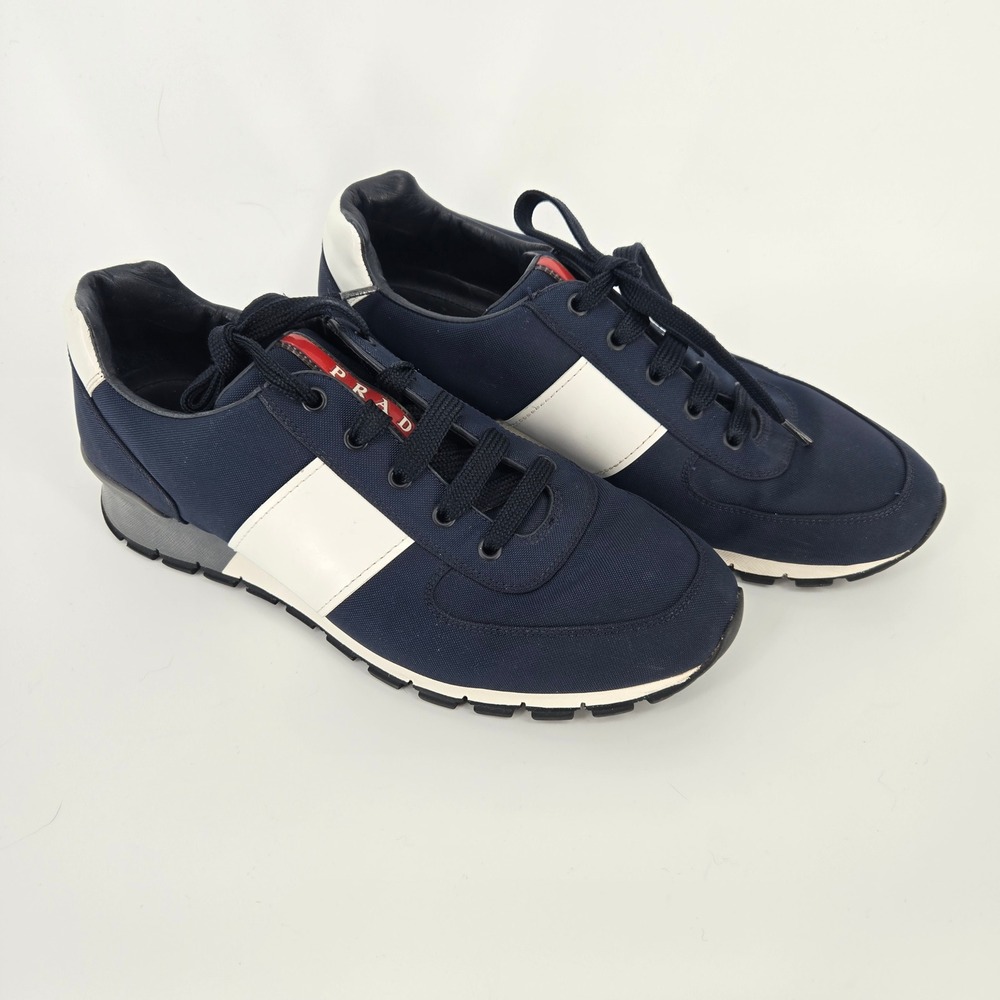 Prada Prax Match Race Sneakers Shoes Navy White Leather Nylon 4E2718 Men's 9 EUC